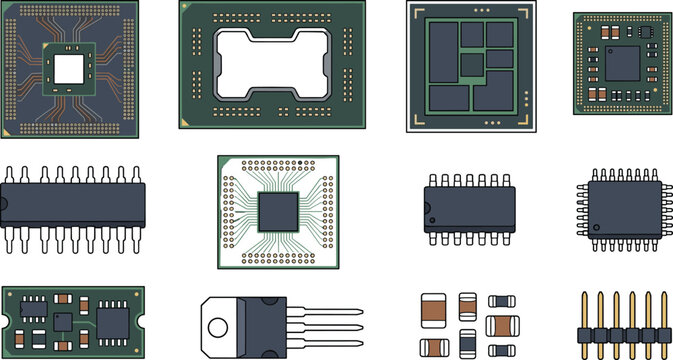 Electronic hardware engineering circuit components vector color collection featuring microchips central processing units integrated circuits transistors capacitors and header connection pins