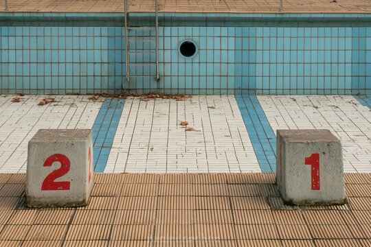 Empty tiled swimming pool with numbered diving blocks and ladder