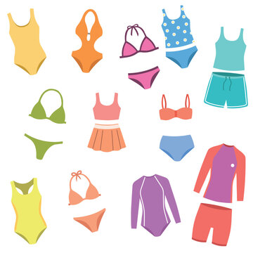 Women summer swimwear and rashguard set vector illustration. Flat cartoon bikinis, one piece swimsuits, and beachwear collection isolated design elements