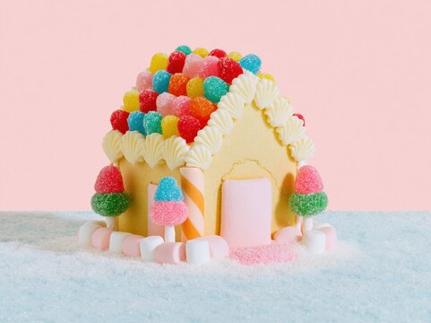Gingerbread house decorated with colorful gumdrops and icing, standing on powdered sugar for confectionery and holiday campaign visuals