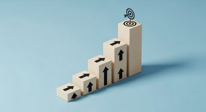 Wooden blocks ascending towards target bullseye icon represent strategic growth goal achievement and progressive business success.