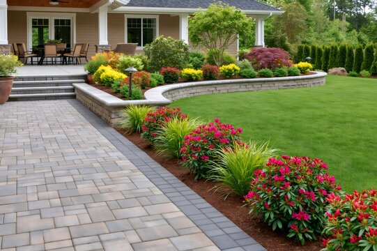 Backyard garden with curved stone retaining wall