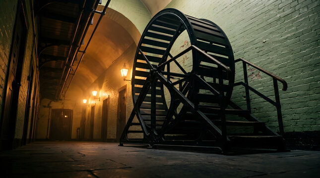 Low Angle Copper Victorian Treadmill Prison Wheel Silhouette Against Amber Gaslit Hall with Sage Brick Wall