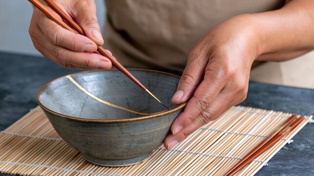 Hands repairing ceramic bowl with kintsugi golden lacquer
