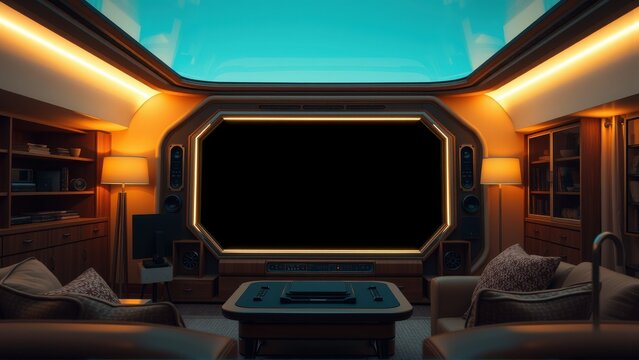 Luxury interior, futuristic design. Dark wood paneling, glowing lights, large screen dominate space. Comfortable seating invites relaxation.