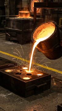 Molten metal being poured from a heavy industrial crucible into a sand casting mold in a foundry with sparks flying in the air