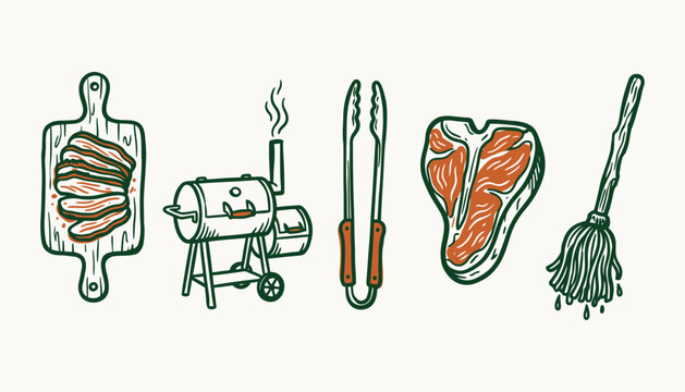Barbecue icons set featuring hand drawn smoker brisket and steak for rustic branding