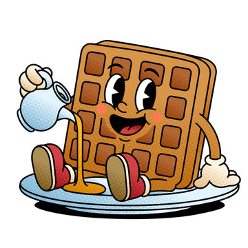 Cute Cartoon Waffle Pouring Syrup on Plate Smiling Breakfast Character Retro Pop Art Illustration