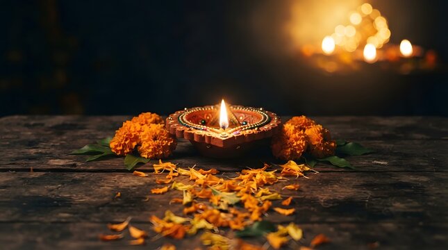 Traditional clay diya lamp lit for diwali festival, surrounded by marigold flowers and petals on a rustic wooden surface