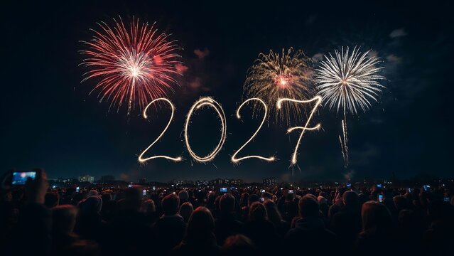 2027 new year celebration with fireworks over a festive crowd at night