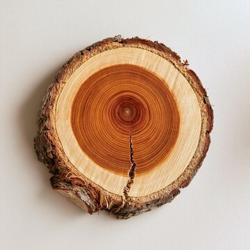 Round slice of a tree trunk with warm brown growth rings and rough bark, isolated on a luminous off-white background for natural material design boards