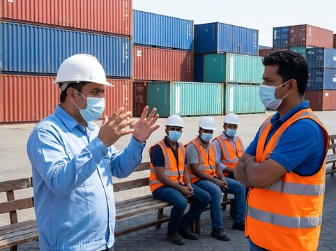 Group of port workers wearing face masks and safety vests standing in a shipping container yard with colorful cargo containers behind them