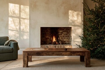 Naklejka premium Empty wooden coffee table with a weathered orange top in a cozy living room with a burning fireplace and Christmas tree, for product mockup and copy space
