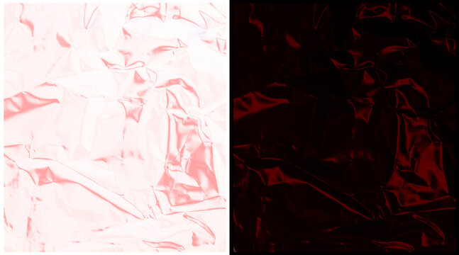 Abstract crumpled plastic texture in red and white, wrinkled foil background set, distorted metallic surface for edgy graphic design
