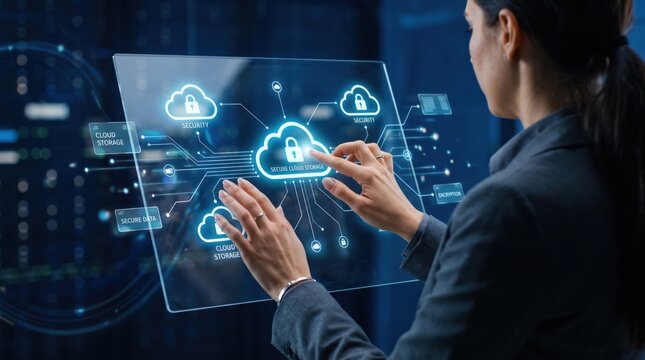 Professional woman interacting with transparent tablet displaying secure cloud storage icons and encryption network connections, illustrating cybersecurity, data protection