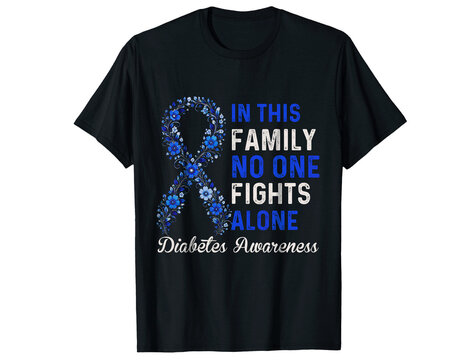Diabetes Awareness Blue Floral Ribbon Family No One Fights Alone Typography Design