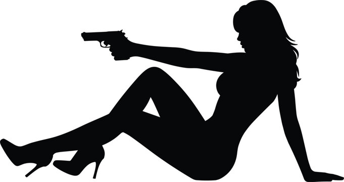 Woman spy silhouette vector, secret agent girl holding gun pistol, assassin character isolated on white background