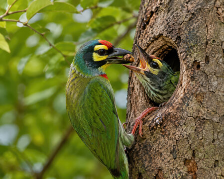 Parent Bird Feeding Hungry Chick at Tree Nest Cavity in Green Forest