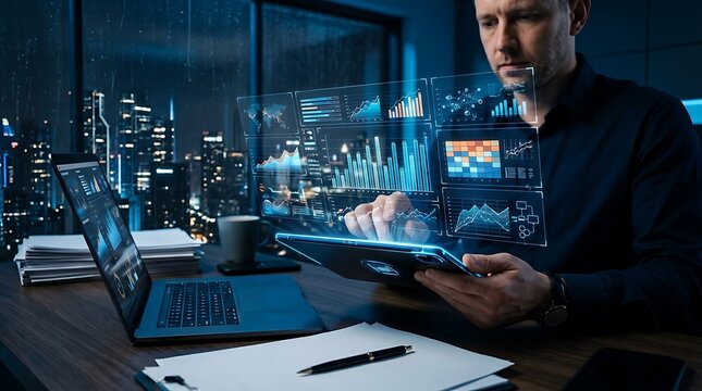 Professional businessman analyzing financial data charts on a holographic touch interface