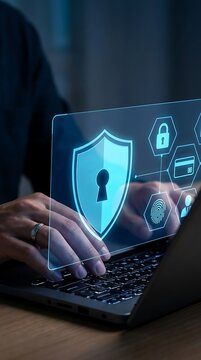 Cybersecurity expert using a laptop with a glowing digital shield and security interface for data protection and network safety monitoring