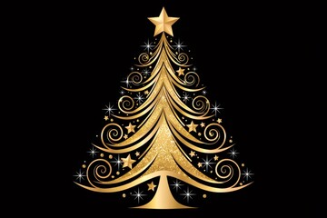 Naklejka premium Golden christmas tree with sparkling stars and swirls