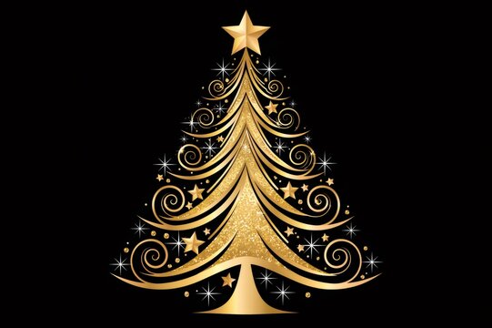 Golden christmas tree with sparkling stars and swirls