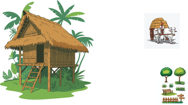 Traditional tropical bamboo stilt hut with thatched roof, vector illustration isolated on white background