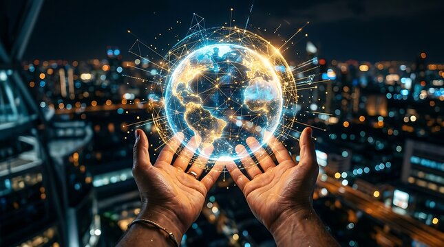 Glowing digital earth globe held by hands above modern city skyline