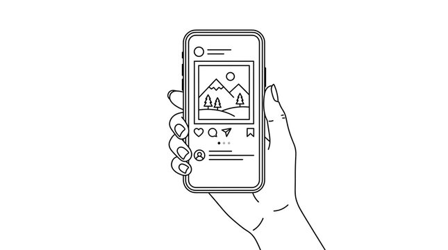 Hand holding a modern smartphone displaying a social media photo feed interface in a clean linear vector style