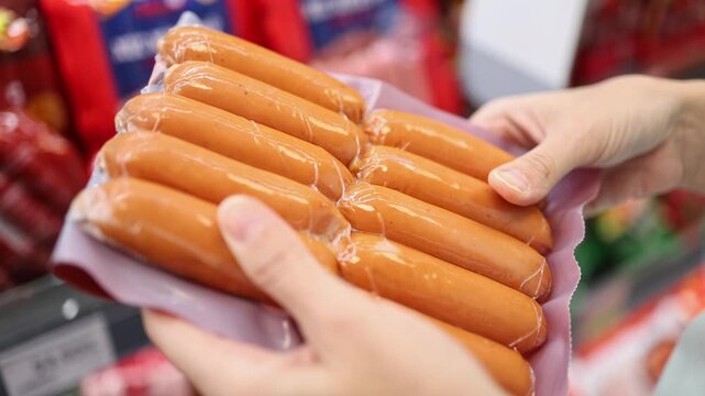 Close-up of a woman hands holding and choosing a plastic wrapped package of fresh hot dogs or sausages from display shelves in a grocery store or supermarket. Retail shopping, food market.
