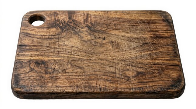 Rustic wooden cutting board isolated on white background for food preparation and serving.