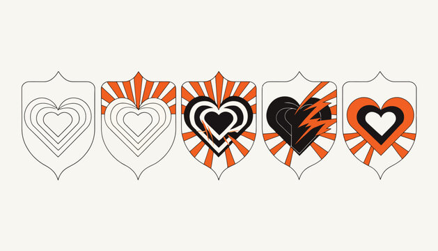 heart shields with orange and black designs
