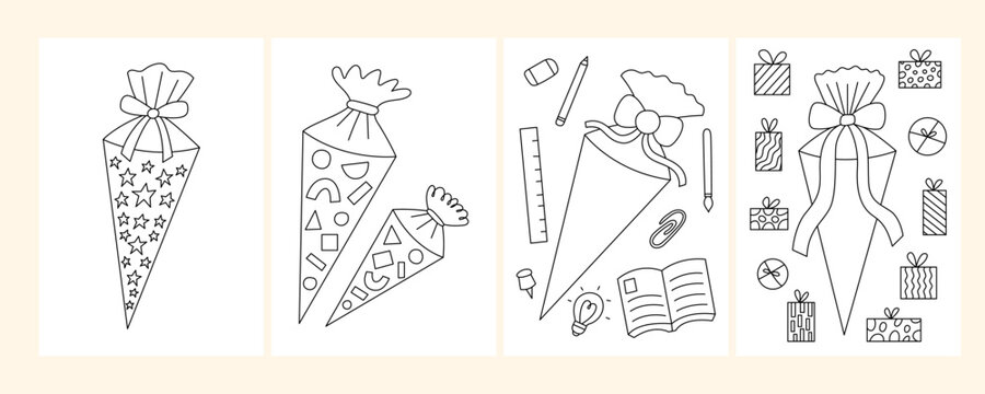 Kids School Cone Coloring Page Set. German Candy Cone Coloring Book Kit. Outline School Start Children Collection. Back to School Vector Template for Coloring Drawing