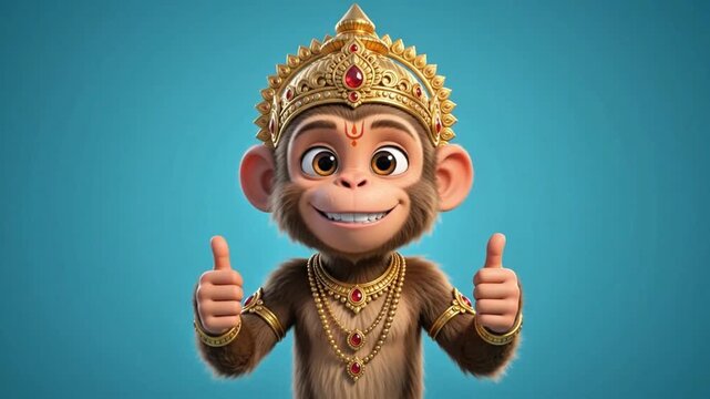 Cute Monkey God Character Giving Thumbs Up With Golden Crown 3D Art 4k