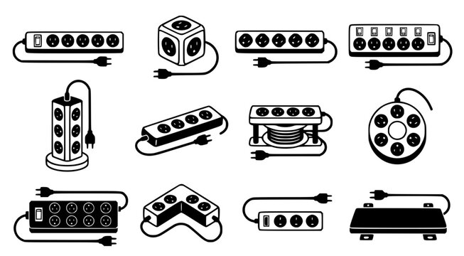 Assorted electrical power strips and extension cords with multiple socket outlets isolated on white background as a clean vector graphic illustration for home office and utility management design