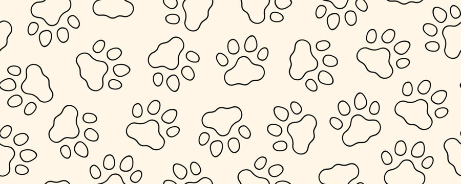 Paw Dog Cat Line Seamless Pattern. Dog Pet Footprint Background. Puppy Paw Hand Wallpaper. Vector Animal Bg