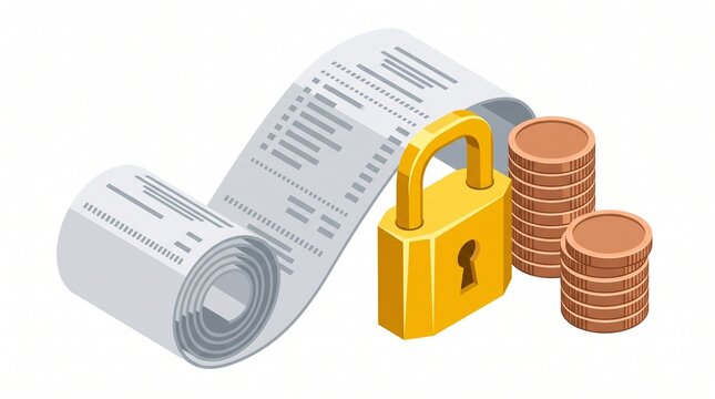 Isometric receipt scroll with padlock and gold coins vector illustration padlock security isolated