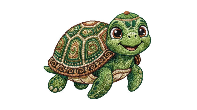 Colorful cartoon turtle walking on grass isolated on transparent background