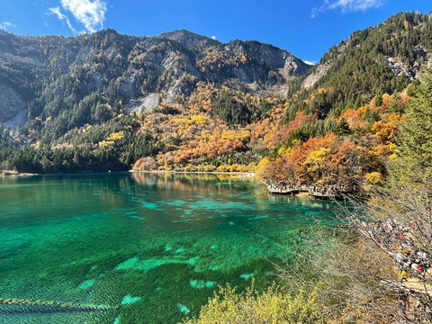 The breathtaking scenery of the crystal-clear turquoise lake with autumn colors at Jiuzhaigou National Park in Sichuan Province, China