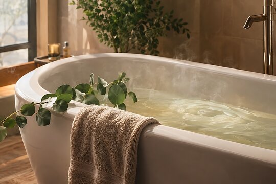 A steaming bathtub filled with water, adorned with a green branch and a folded towel, evoking a sense of relaxation and self-care.
