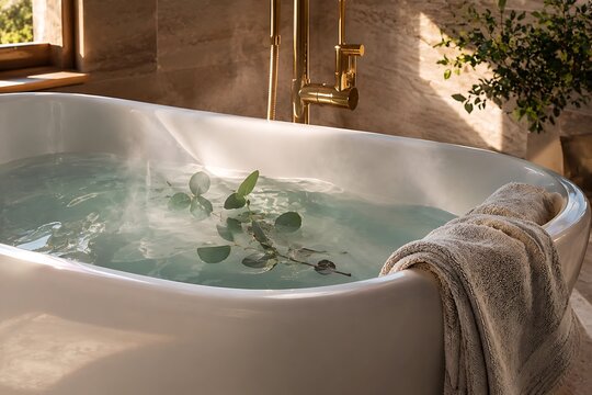 A luxurious white bathtub filled with steaming water, adorned with floating green leaves and a soft towel draped over the edge, bathed in warm sunlight.