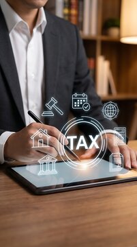 Businessman in a suit using a digital tablet to manage tax documentation with glowing for legal, financial, and accounting services online