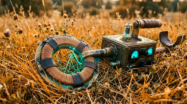 Macro Glowing Teal Antique Induction Balance Metal Detector with Copper Coil on Amber Field Grass