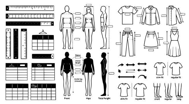 Fashion retail measurement guide with human body silhouette and clothing fit charts for apparel sizing and tailoring design specifications in black and white vector illustration set