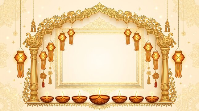 Diwali festive frame with golden arch elephant carvings oil lamps and hanging lanterns for religious invitation card designs.