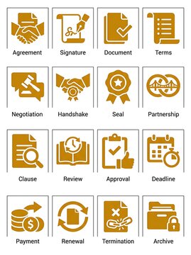 Set of gold business and legal icons showing agreement negotiation document payment and archive concepts with business agreement document negotiation handshake contract partnership approval
