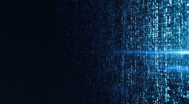 A luminous blue digital grid recedes into dark, abstract space