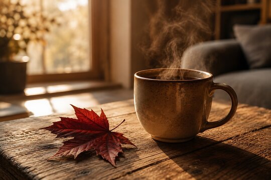 A steaming mug of coffee sits on a rustic wooden table next to a vibrant red maple leaf, bathed in warm, soft sunlight filtering through a window.