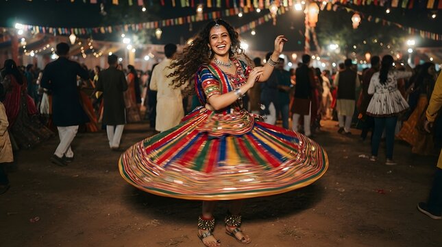 Joyful woman dancing garba in traditional colorful attire at a vibrant navratri festival celebration at night