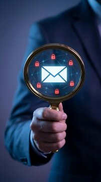 Businessman holding a magnifying glass over a glowing email surrounded by red lock security symbols in a dark office environment